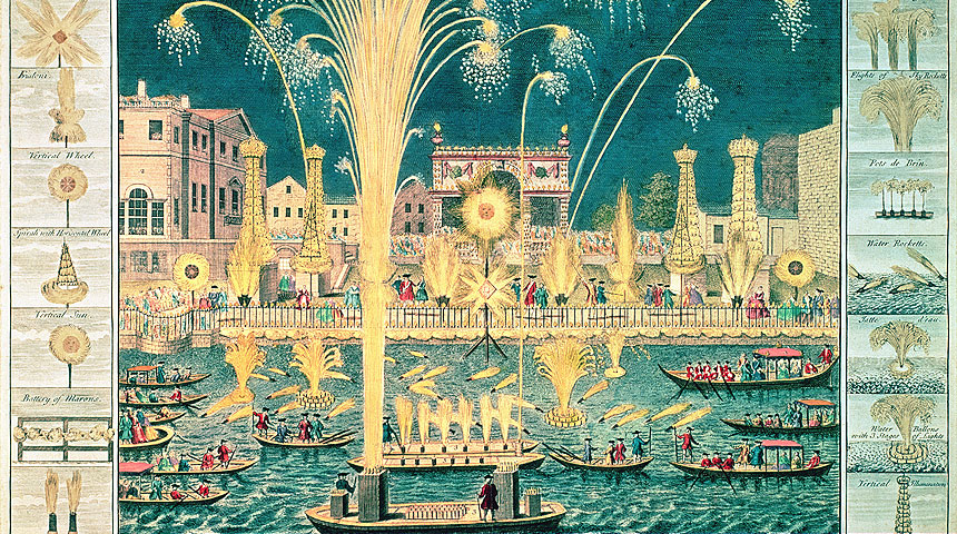 Fireworks on the Thames near Whitehall in 1749 to celebrate the signing of the Treaty of Aix-la-Chapelle, for which occasion Handel composed his Music for the Royal Fireworks