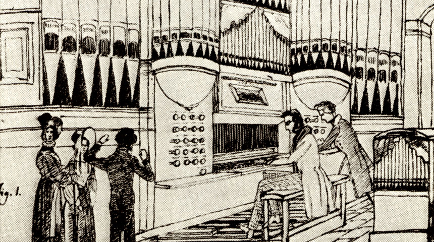 Mendelssohn's drawing of the organ in the Church of the Holy Ghost in Heidelberg
