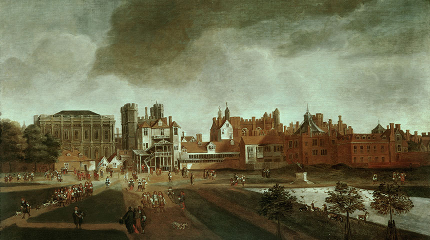 Whitehall Palace, where Purcell worked as a musician of the Chapel Royal. Painting by Hendrik Danckerts (c.1670s)