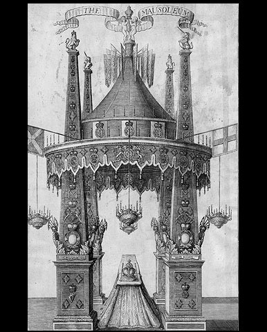 Mausoleum of Mary II lying in state in 1694. Purcell composed music for her funeral