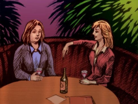Mina and Lucy in a restaurant - artwork by Daryl Joyce