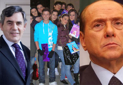 Pupils from Wales High School in the UK and the Boccardi school in Italy with photos of their Prime Ministers.